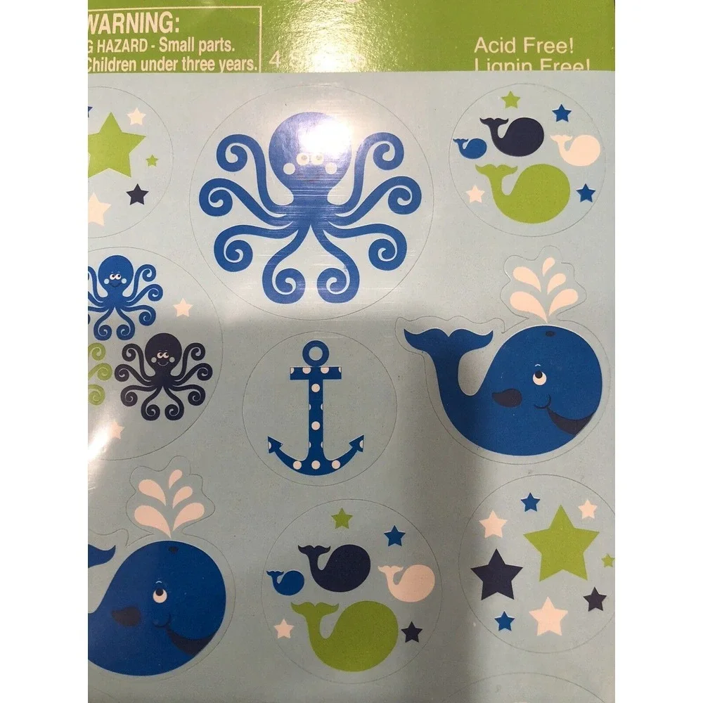 4 sheets of STICKERS blue WHALES OCEAN PREPPY WITH OCTOPUS ANCHORS AND STARS NEW
